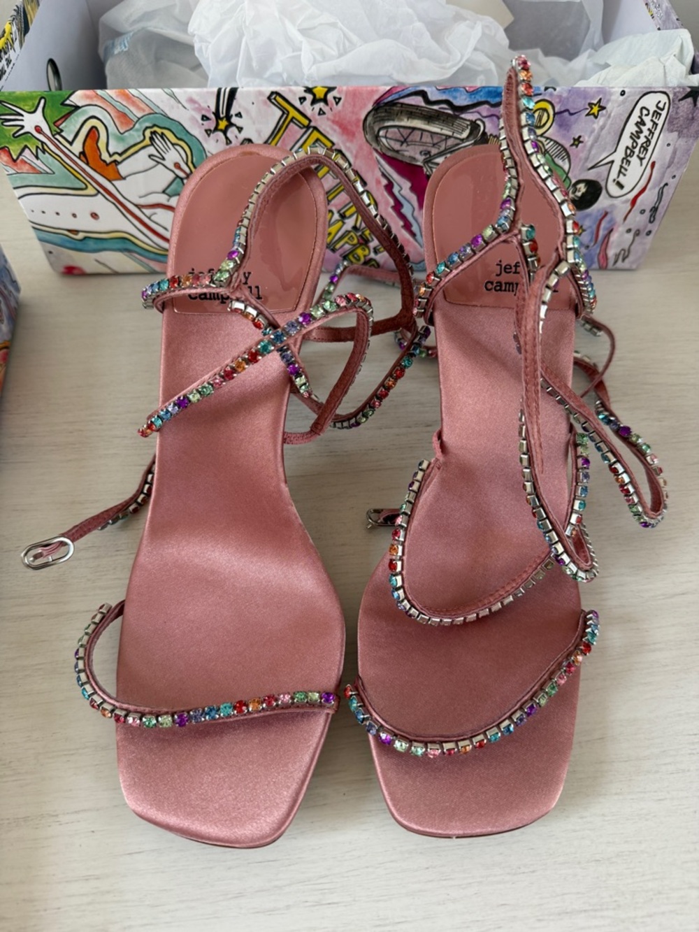 Jeffrey Campbell Rose Pink Jeweled Satin Strappy Heels